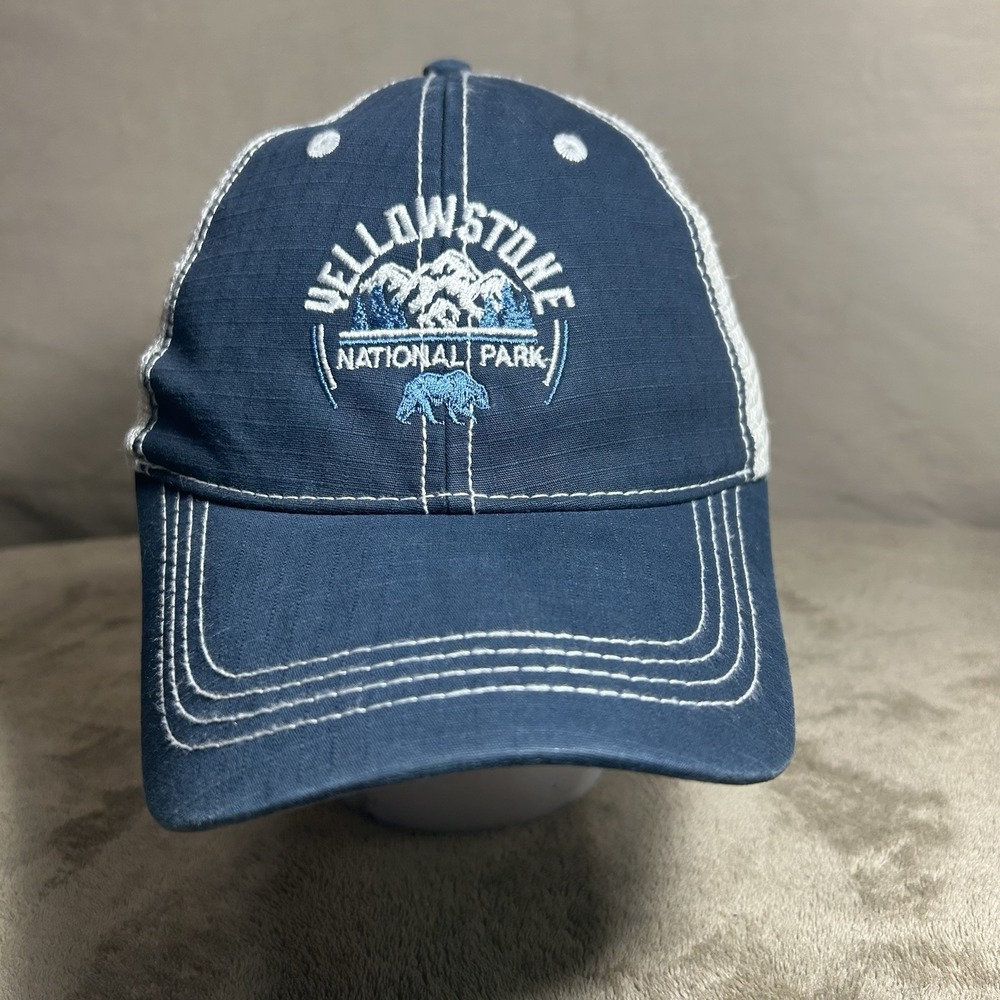 Yellowstone National Park Trucker Hat Navy White Mesh Snapback Mountains Bison